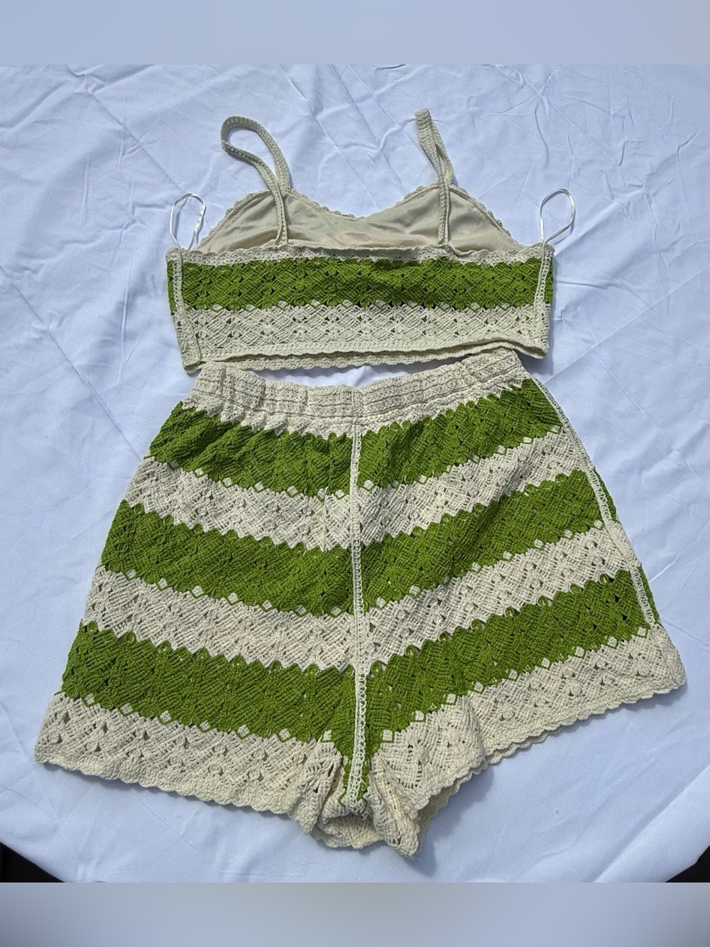 Rebellion Again M Crochet Knit Two Pc Set Green Cream Boho Festival Lounge NWOT - Picture 2 of 8